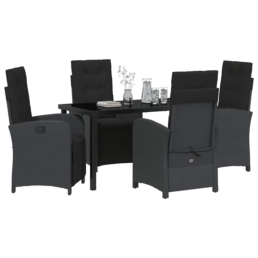 Tuin eettafelset met kussen 5 pcs Zwart poly rattan