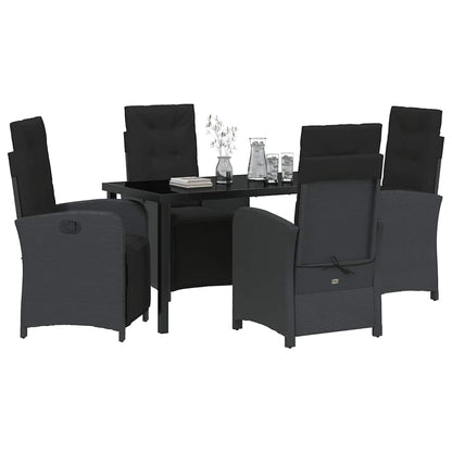 Tuin eettafelset met kussen 5 pcs Zwart poly rattan