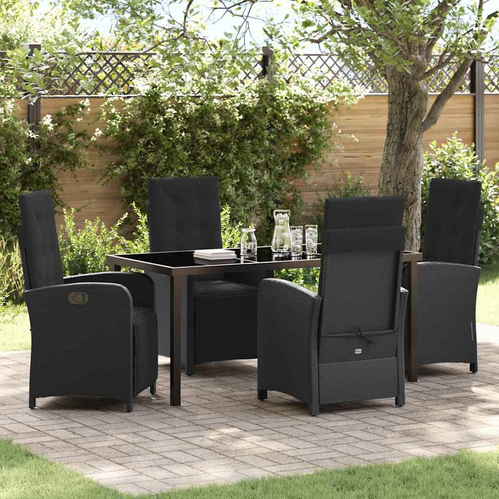Tuin eettafelset met kussen 5 pcs Zwart poly rattan