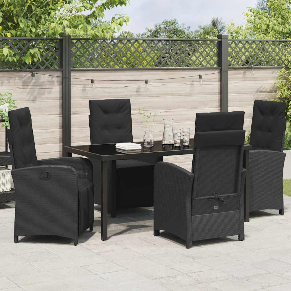 Tuin eettafelset met kussen 5 pcs Zwart poly rattan