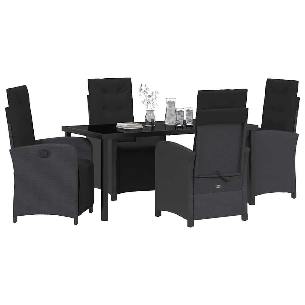 Tuin eettafelset met kussen 5 pcs Zwart poly rattan