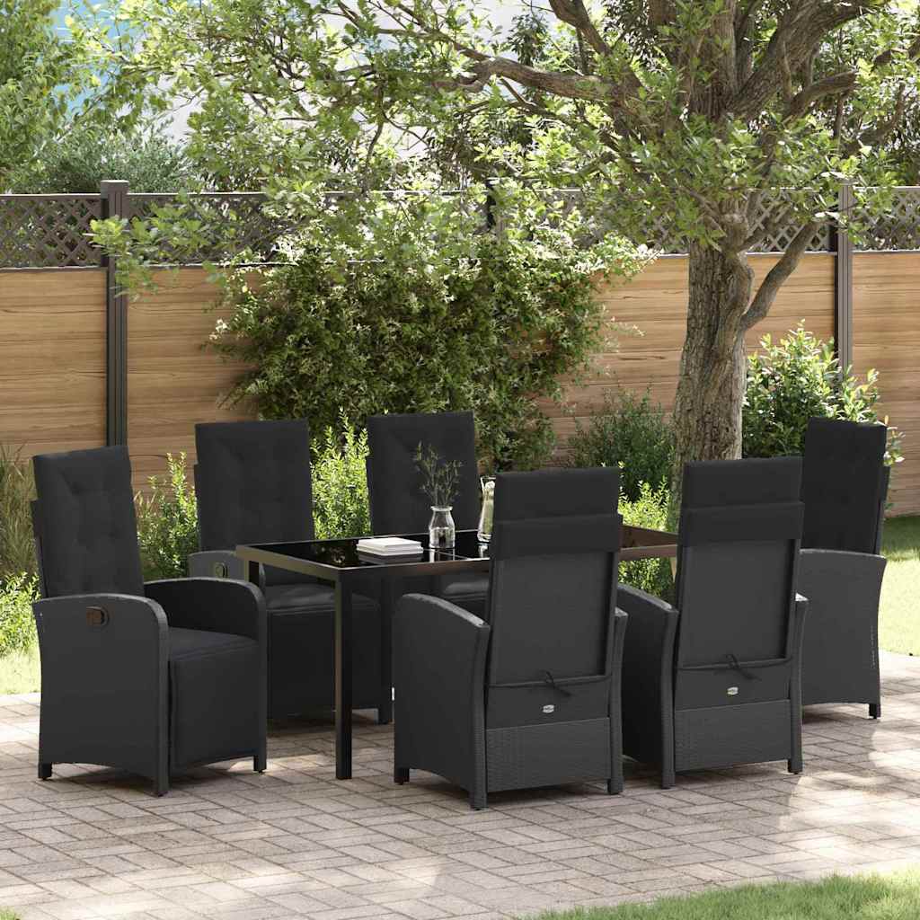 Tuin eettafelset met kussen 7 pcs Zwart poly rattan