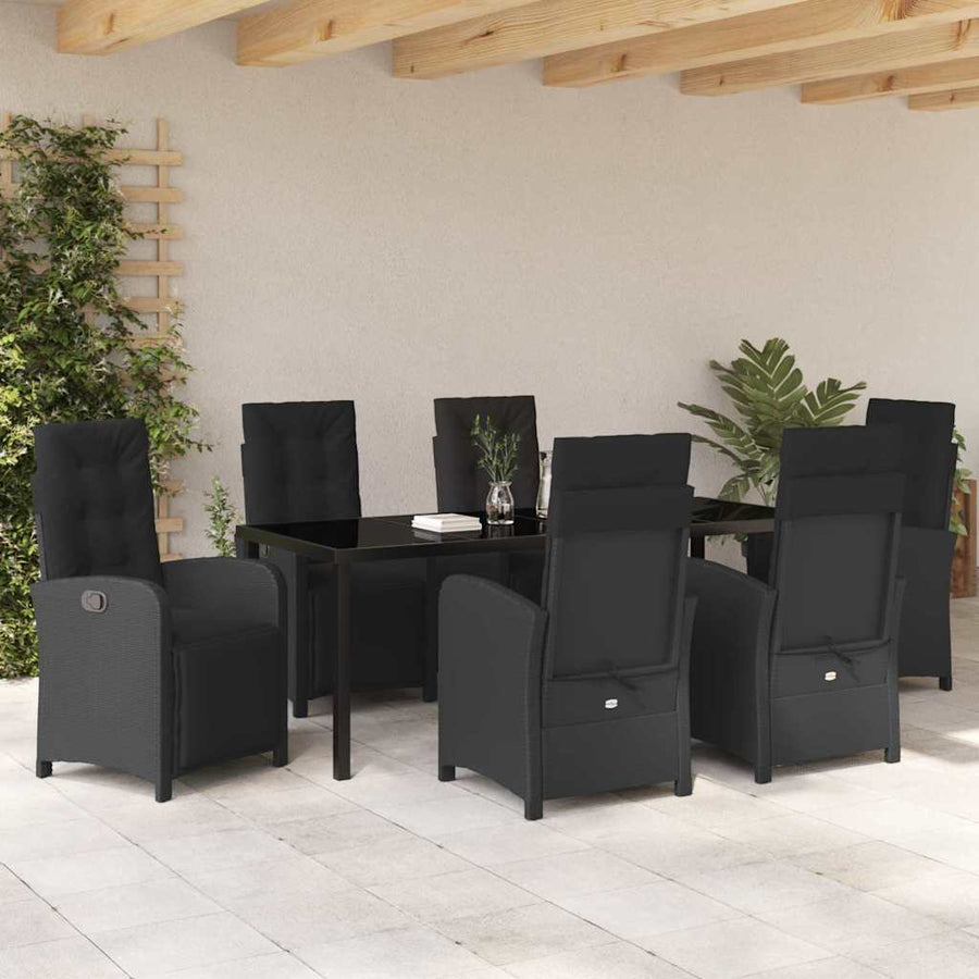 Tuin eettafelset met kussen 7 pcs Zwart poly rattan