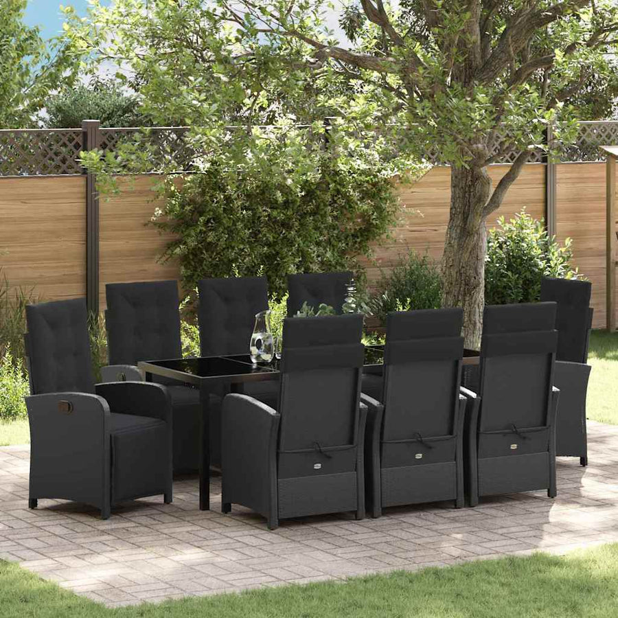 Tuin eettafelset met kussen 9 pcs Zwart poly rattan