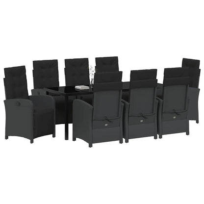 Tuin eettafelset met kussen 9 pcs Zwart poly rattan