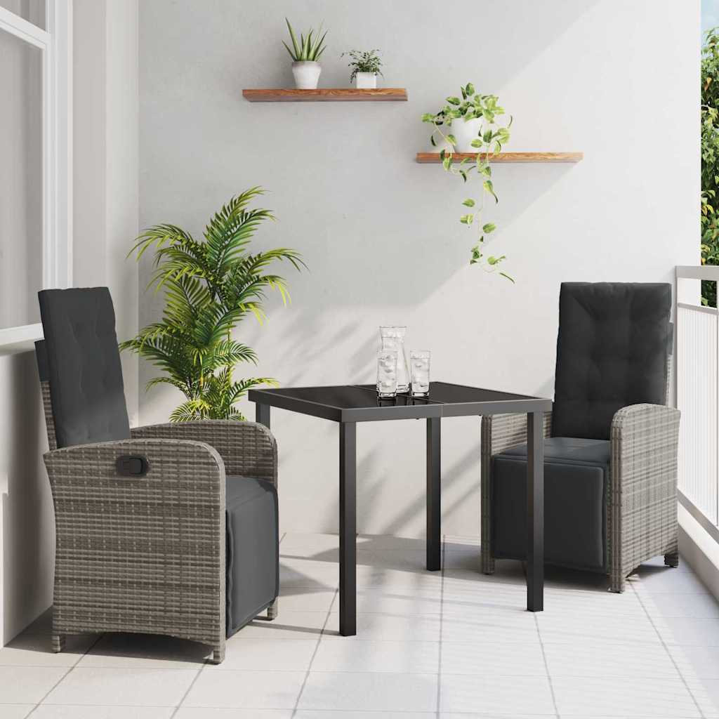 Tuin eettafelset met kussen 3 pcs Grijs poly rattan