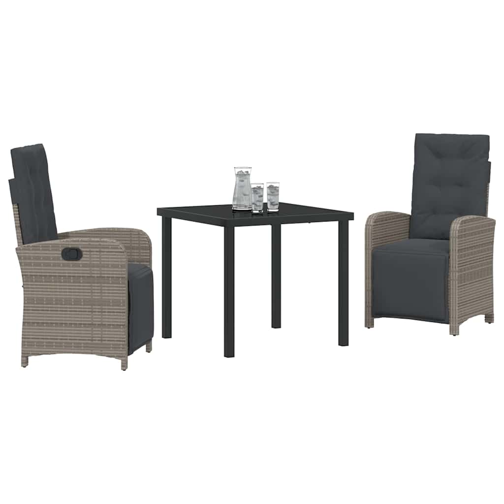Tuin eettafelset met kussen 3 pcs Grijs poly rattan