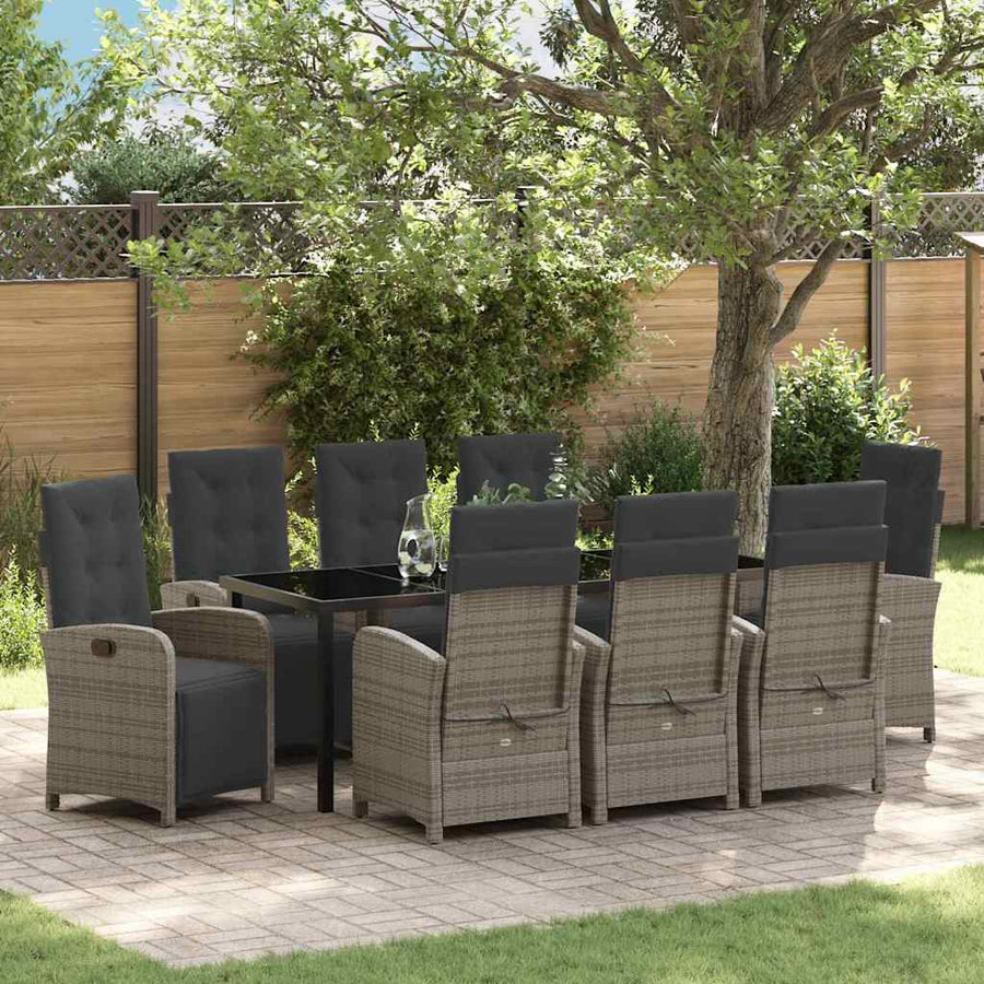 Tuin eettafelset met kussen 9 pcs Grijs poly rattan