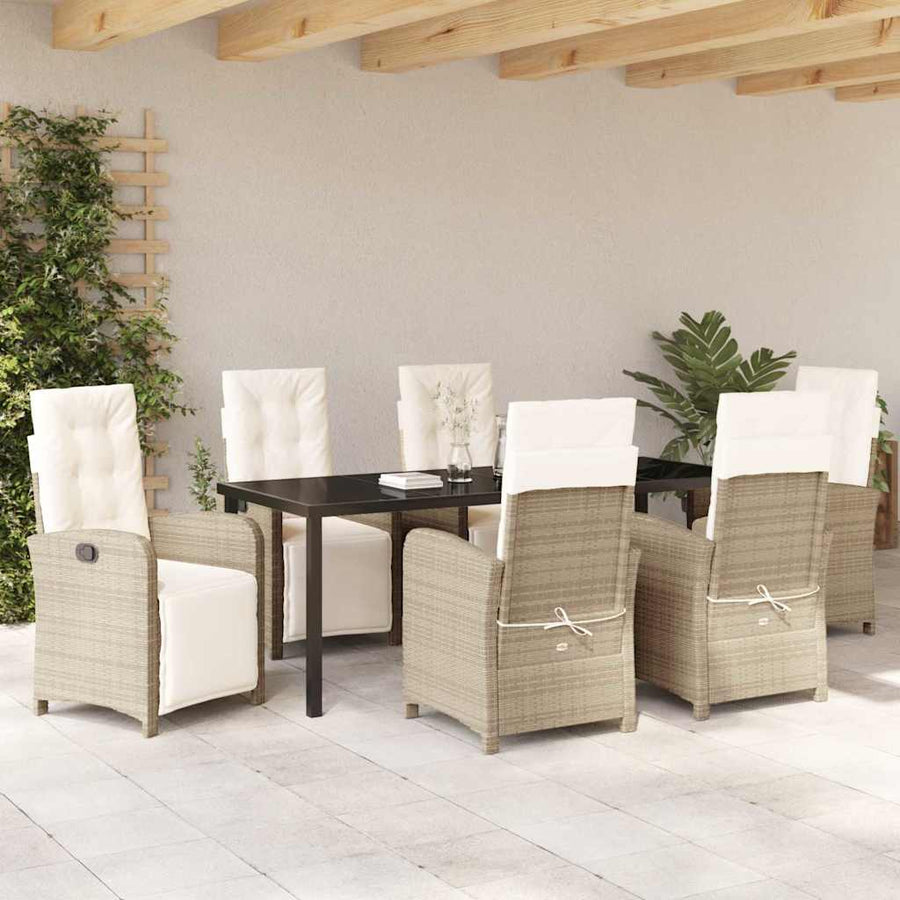 Tuin eettafelset met kussen 7 pcs Beige poly rattan