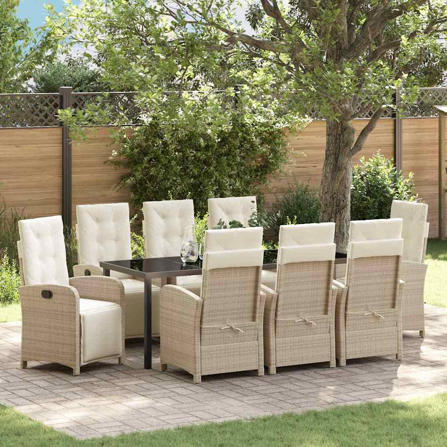 Tuin eettafelset met kussen 9 pcs Beige poly rattan