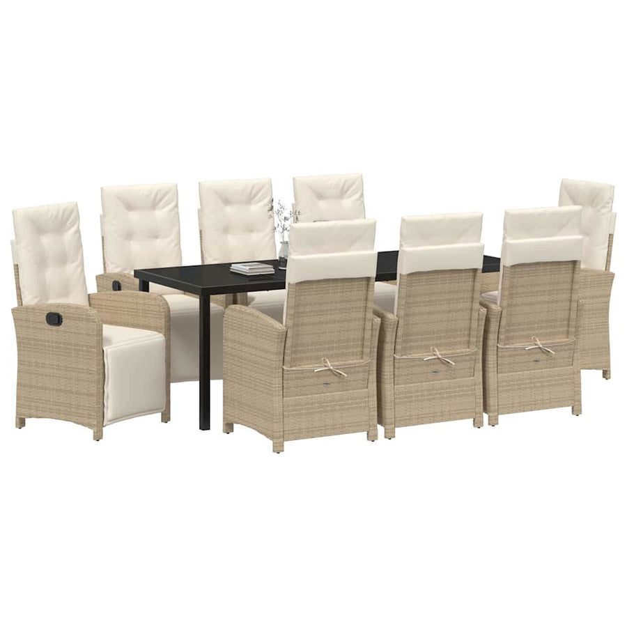 Tuin eettafelset met kussen 9 pcs Beige poly rattan
