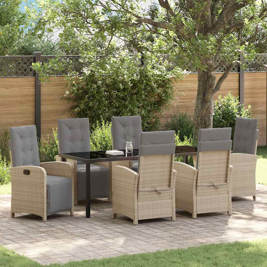Tuin eettafelset met kussen 7 pcs Beige poly rattan