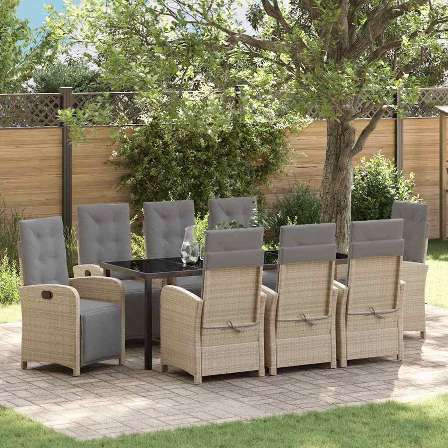 Tuin eettafelset met kussen 9 pcs Beige poly rattan