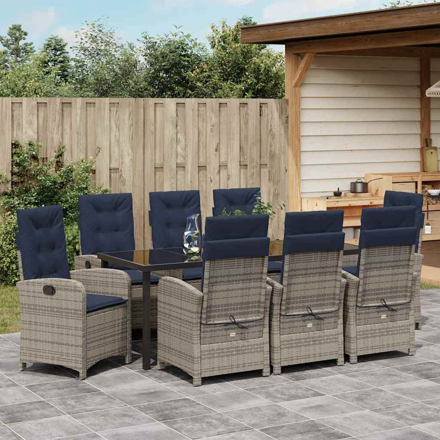 Tuin Eettafelset Met Kussen 9 Pcs Grijs Poly Rattan
