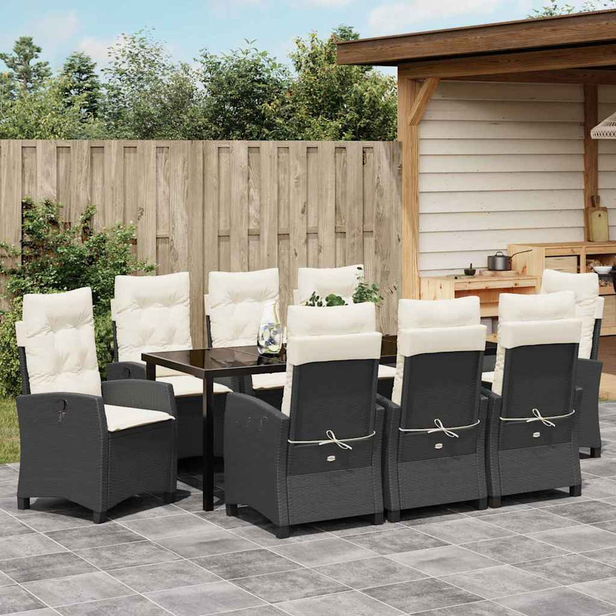 Tuin Eettafelset Met Kussen 9 Pcs Zwart Poly Rattan