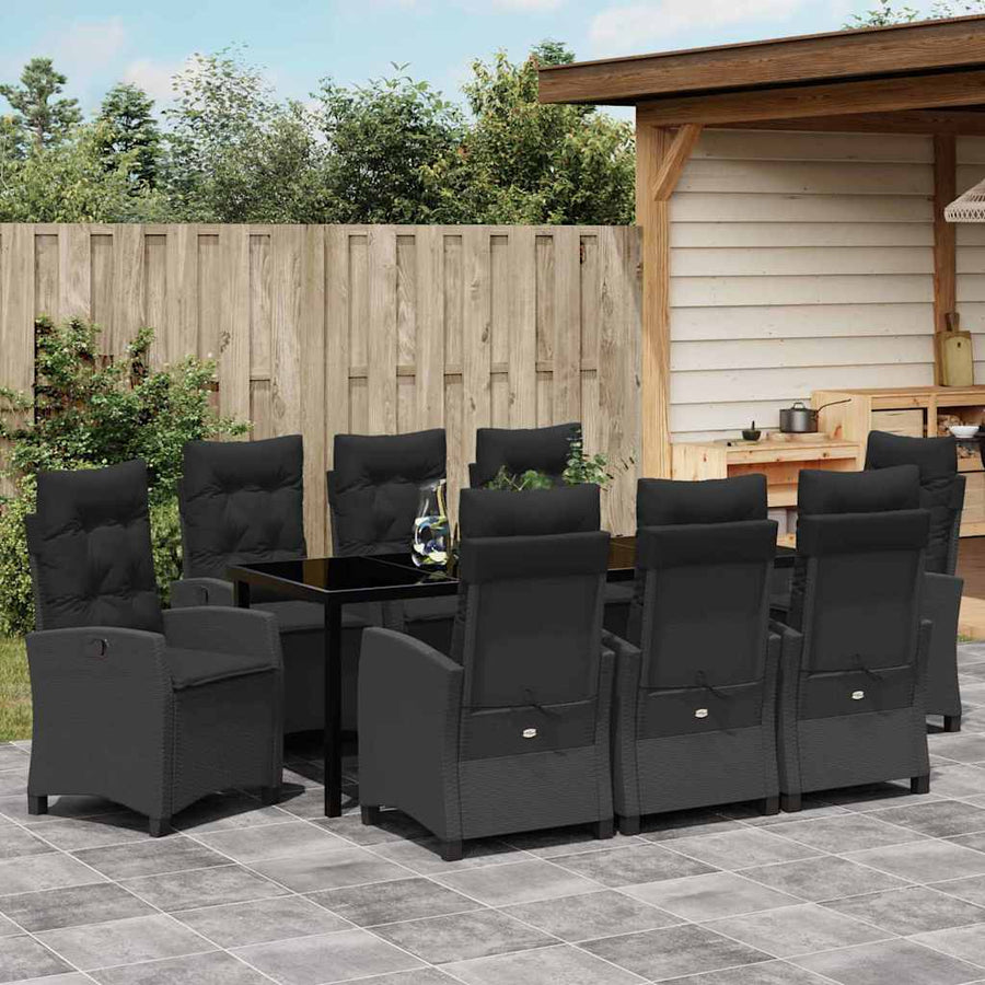 Tuin Eettafelset Met Kussen 9 Pcs Zwart Poly Rattan