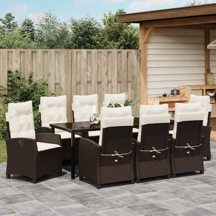 Tuin Eettafelset Met Kussen 9 Pcs Bruin Poly Rattan