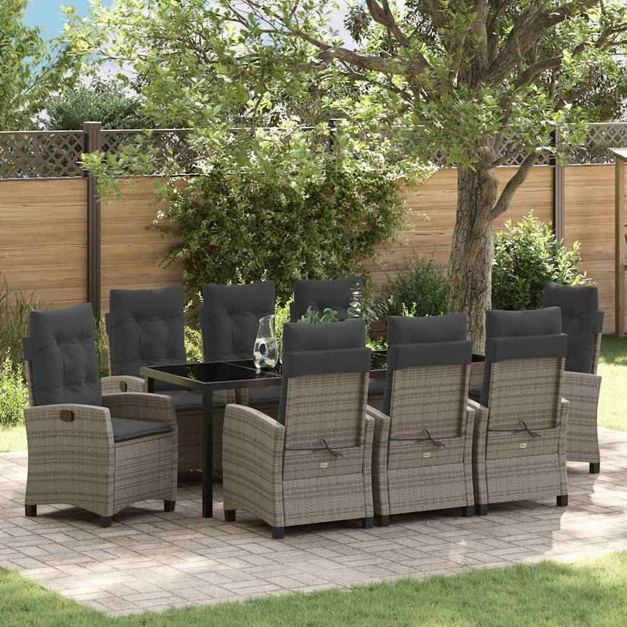 Tuin eettafelset met kussen 9 pcs Grijs poly rattan