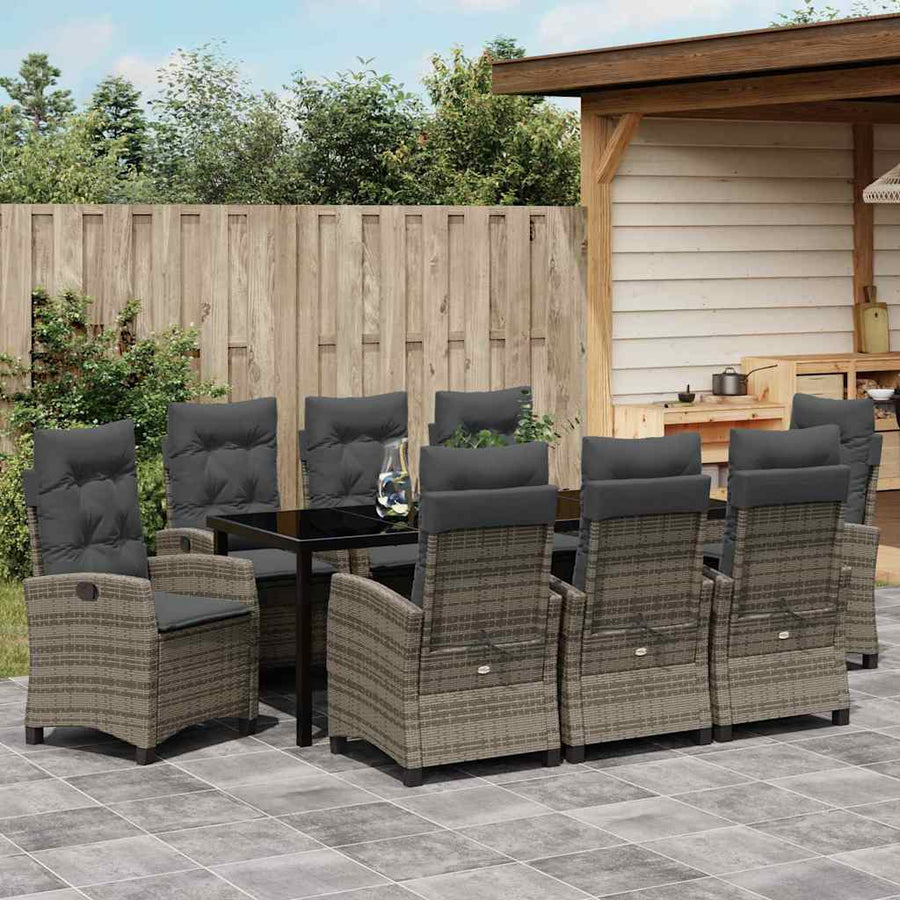 Tuin eettafelset met kussen 9 pcs Grijs poly rattan
