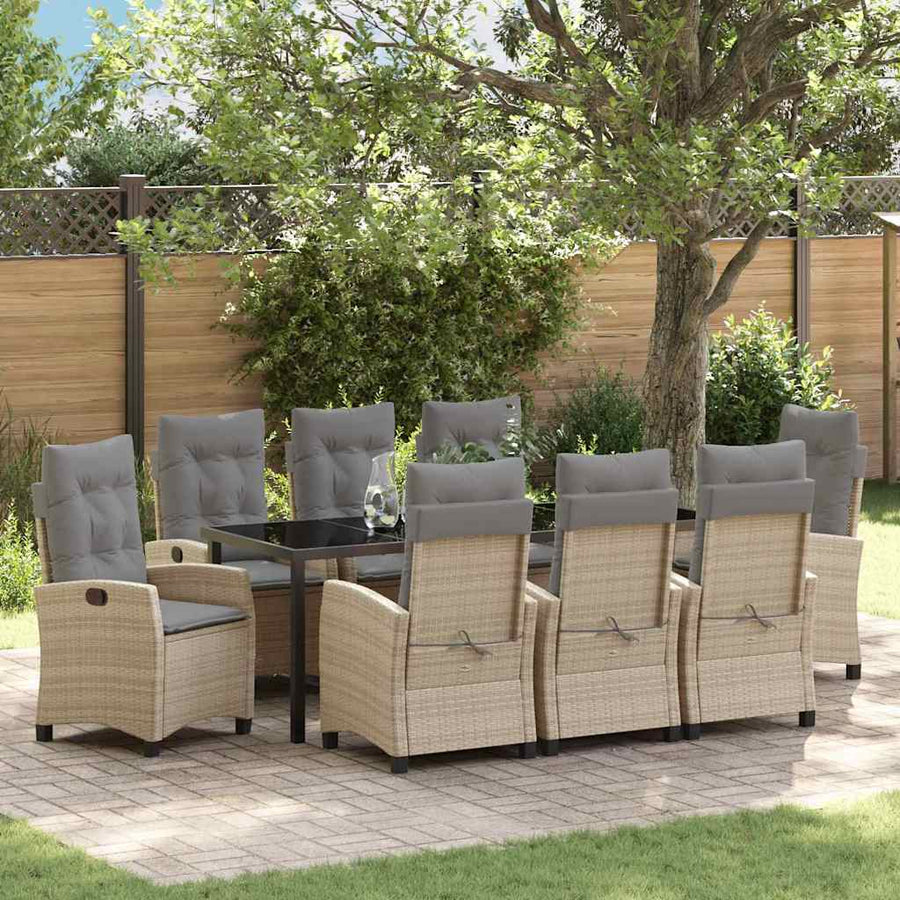 Tuin Eettafelset Met Kussen 9 Pcs Beige Poly Rattan