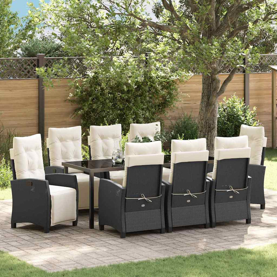 Tuin Eettafelset Met Kussen 9 Pcs Zwart Poly Rattan