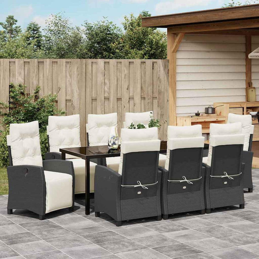 Tuin Eettafelset Met Kussen 9 Pcs Zwart Poly Rattan