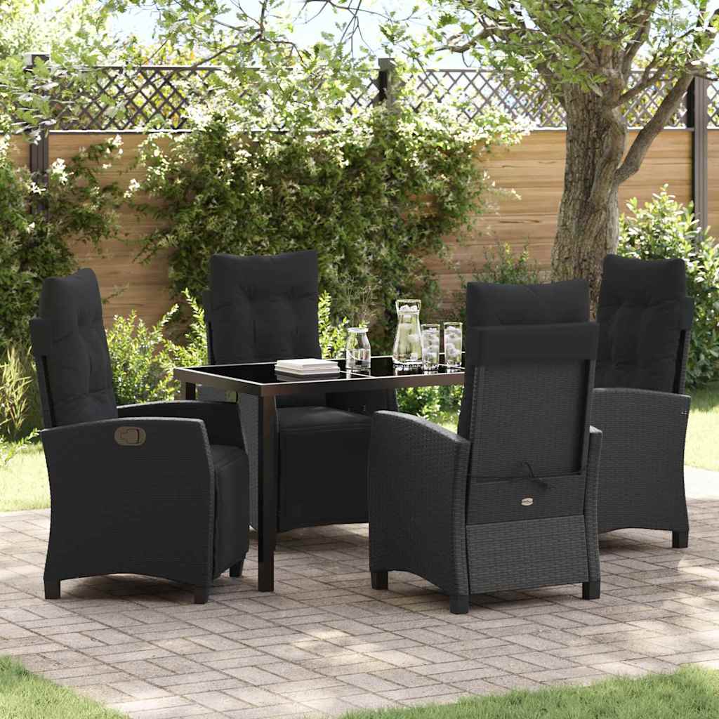 Tuin eettafelset met kussen 5 pcs Zwart poly rattan