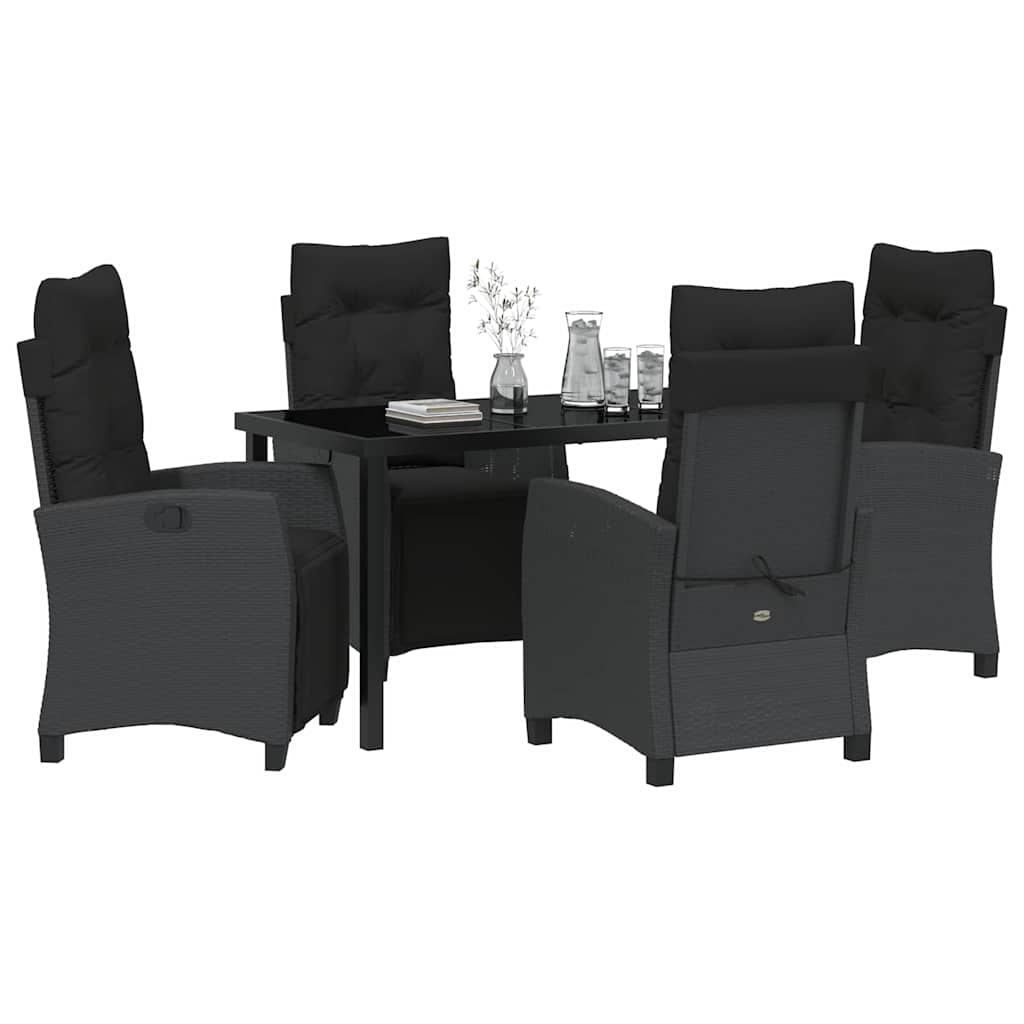 Tuin eettafelset met kussen 5 pcs Zwart poly rattan
