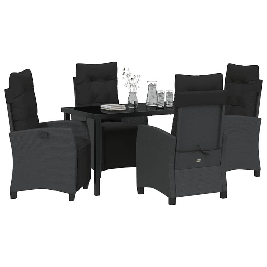 Tuin eettafelset met kussen 5 pcs Zwart poly rattan