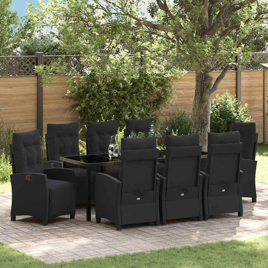 Tuin Eettafelset Met Kussen 9 Pcs Zwart Poly Rattan