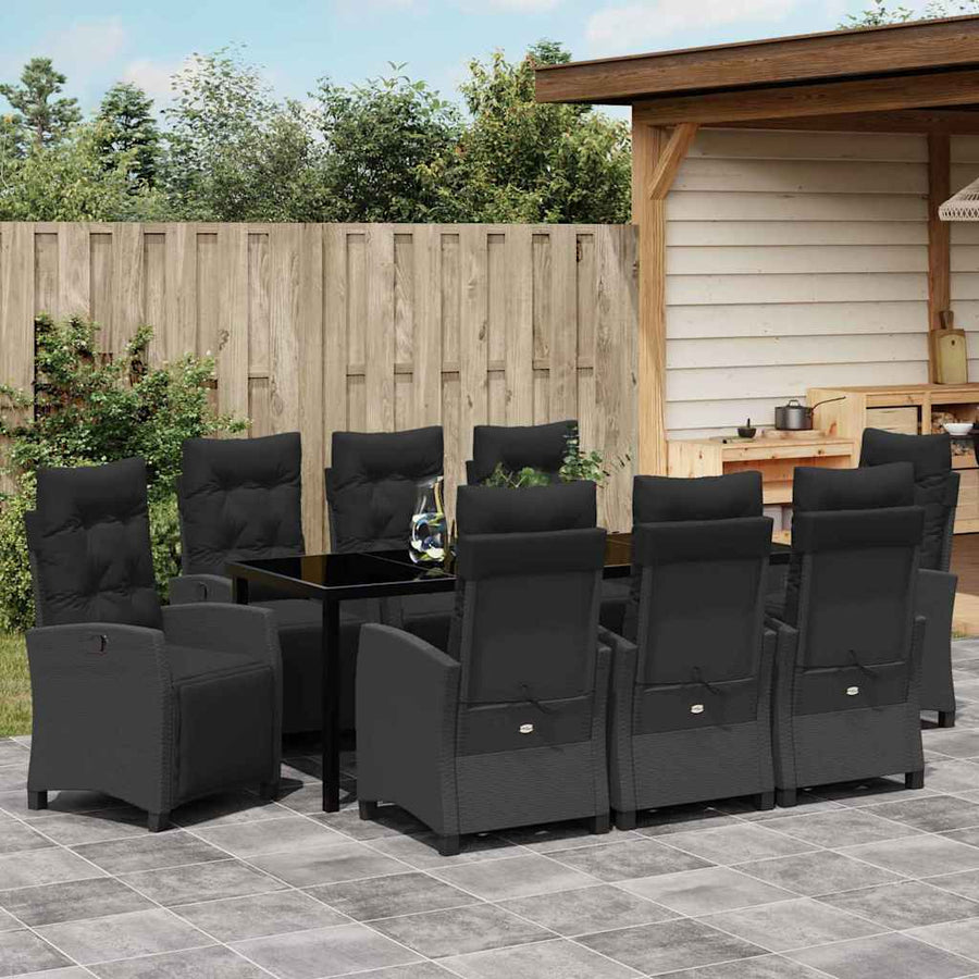 Tuin Eettafelset Met Kussen 9 Pcs Zwart Poly Rattan