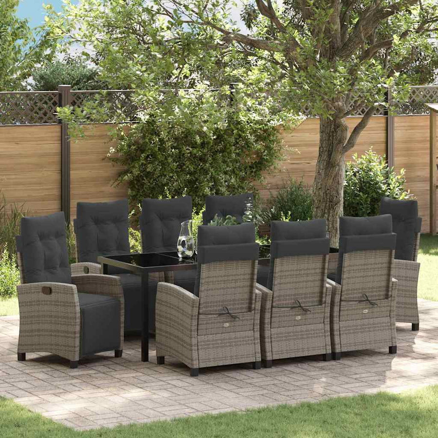 Tuin eettafelset met kussen 9 pcs Grijs poly rattan