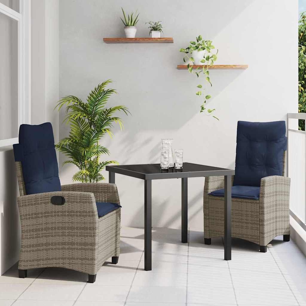 Tuin eettafelset met kussen 3 pcs Grijs poly rattan