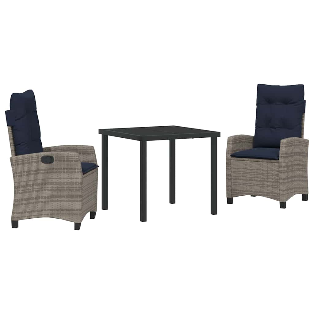 Tuin eettafelset met kussen 3 pcs Grijs poly rattan