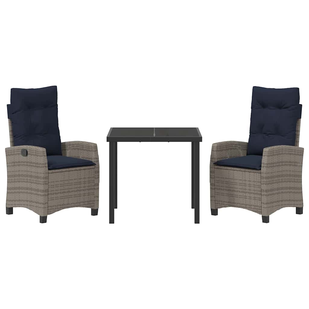 Tuin eettafelset met kussen 3 pcs Grijs poly rattan