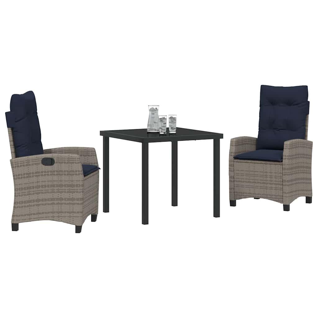Tuin eettafelset met kussen 3 pcs Grijs poly rattan