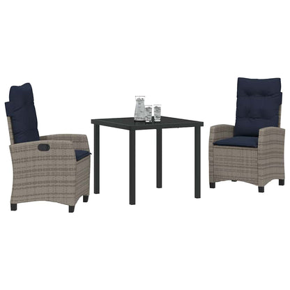 Tuin eettafelset met kussen 3 pcs Grijs poly rattan