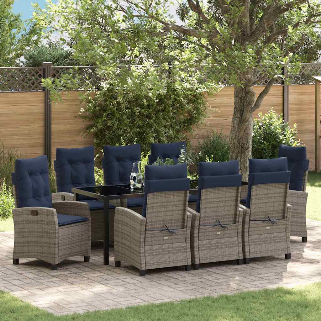 Tuin eettafelset met kussen 9 pcs Grijs poly rattan