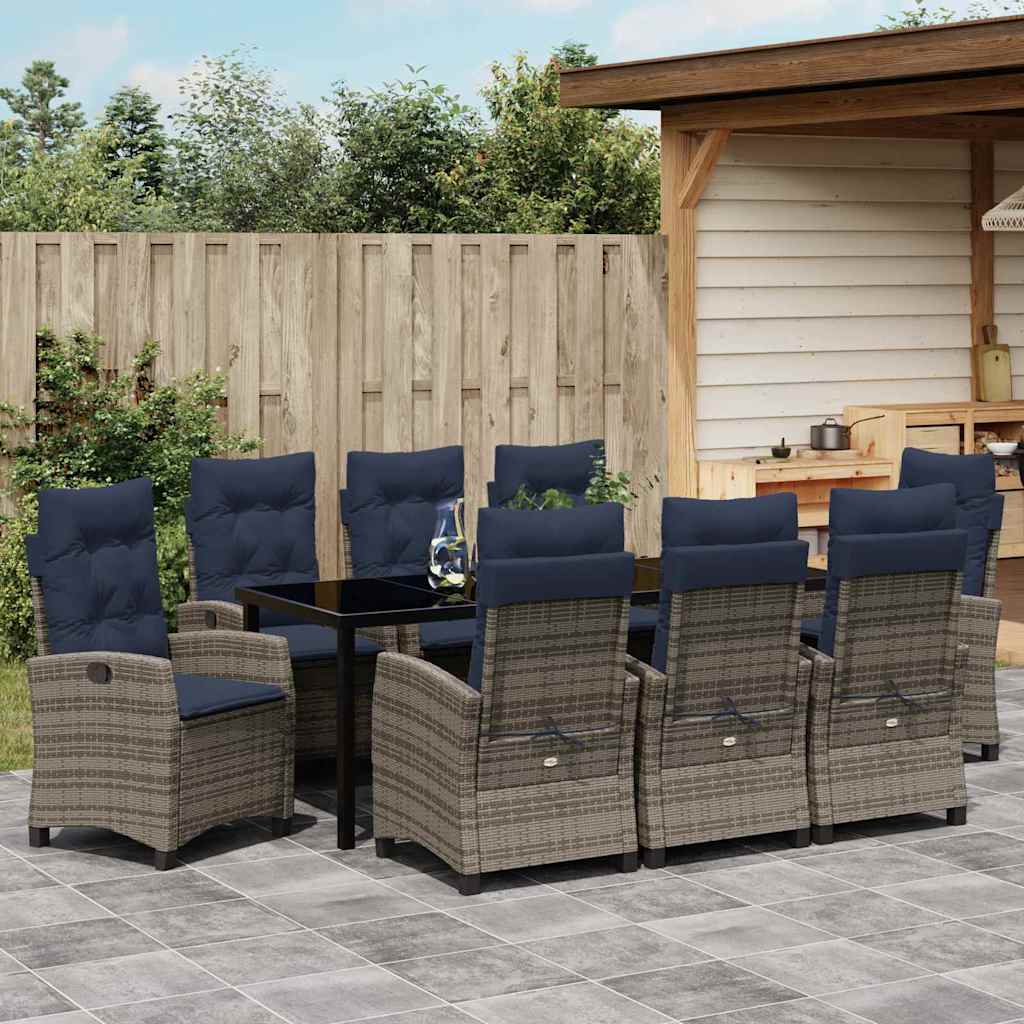 Tuin eettafelset met kussen 9 pcs Grijs poly rattan