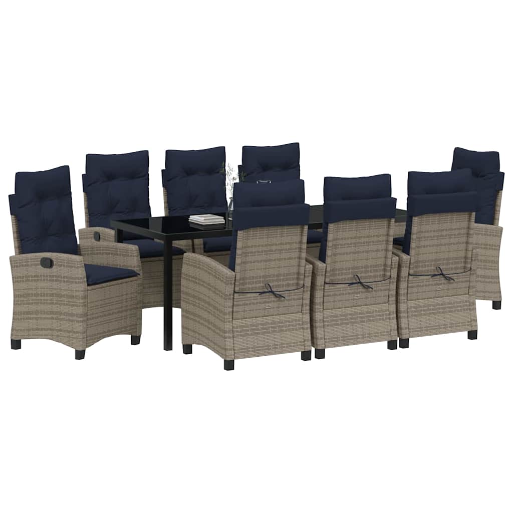 Tuin eettafelset met kussen 9 pcs Grijs poly rattan