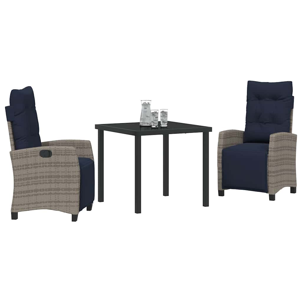 Tuin eettafelset met kussen 3 pcs Grijs poly rattan