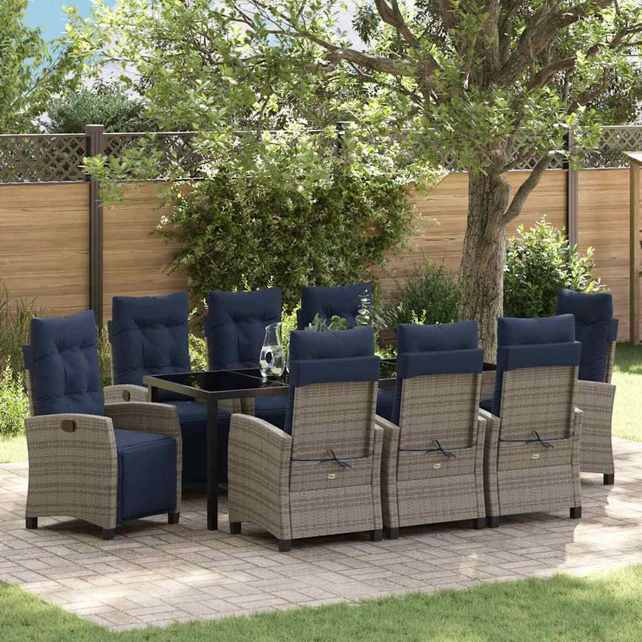 Tuin eettafelset met kussen 9 pcs Grijs poly rattan