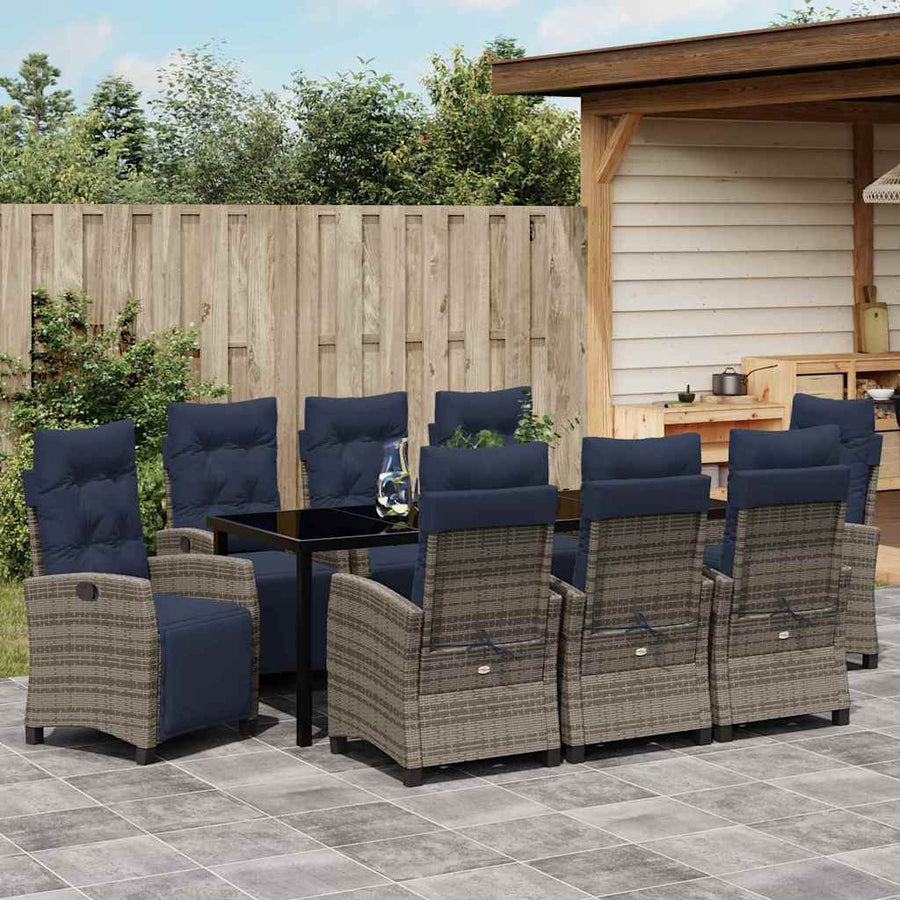 Tuin eettafelset met kussen 9 pcs Grijs poly rattan