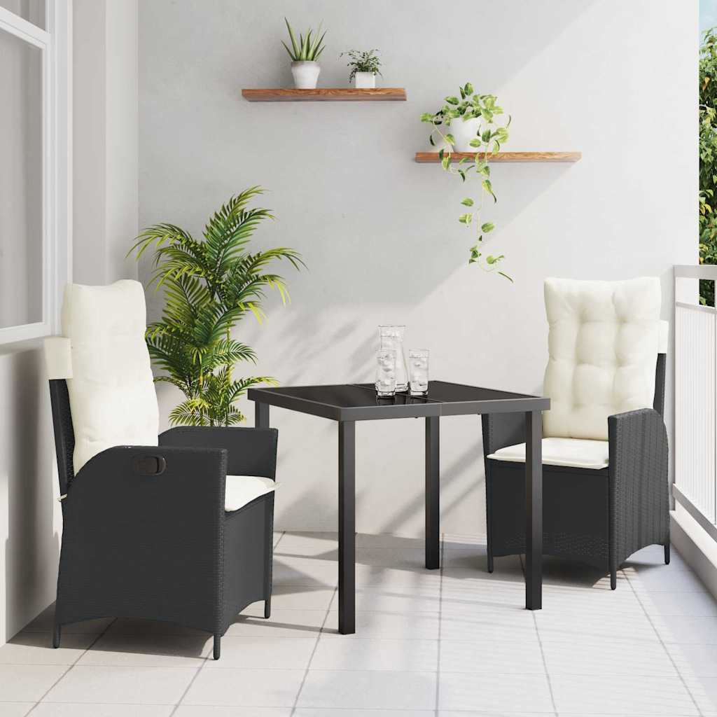 Tuin eettafelset met kussen 3 pcs Zwart poly rattan