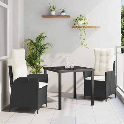 Tuin eettafelset met kussen 3 pcs Zwart poly rattan
