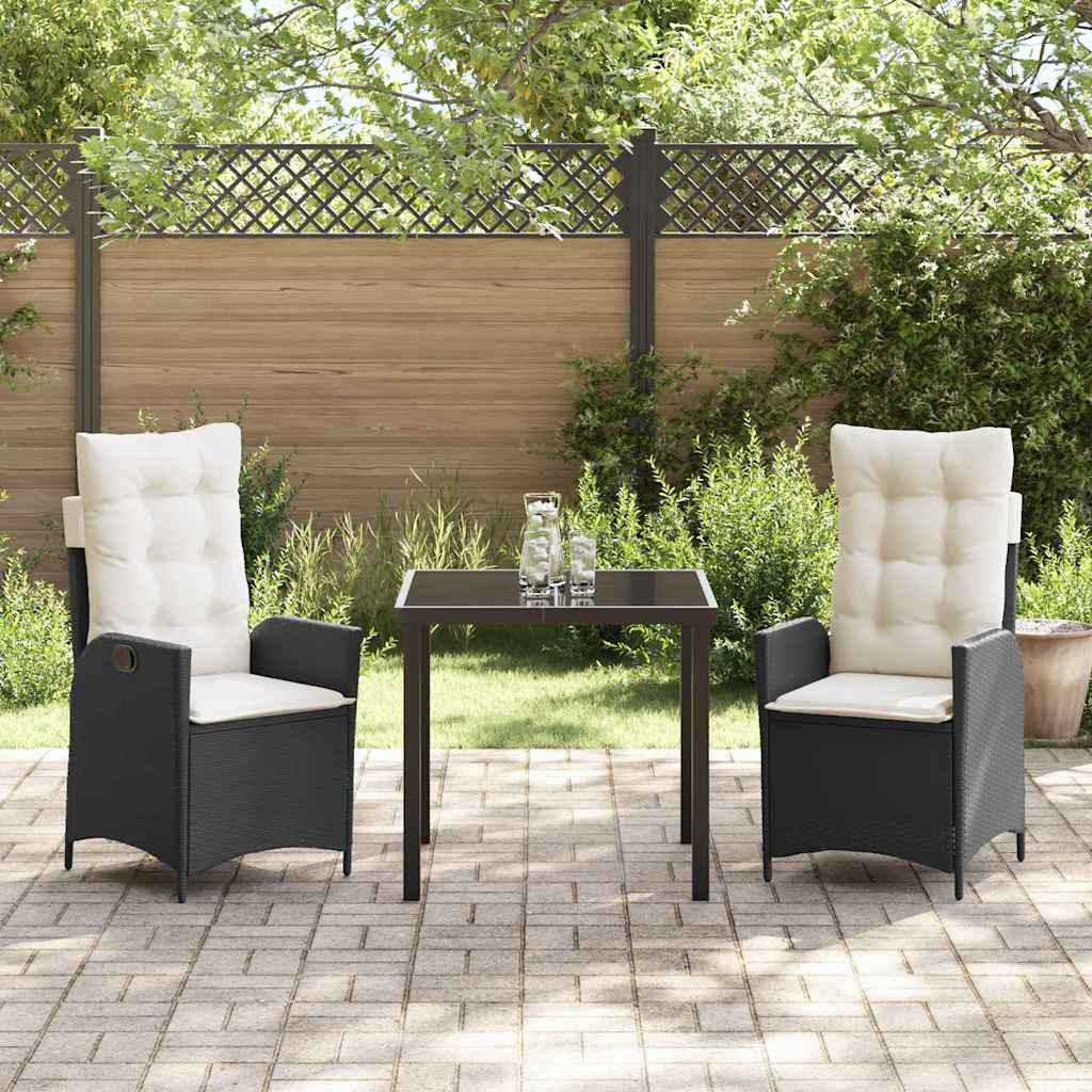 Tuin eettafelset met kussen 3 pcs Zwart poly rattan