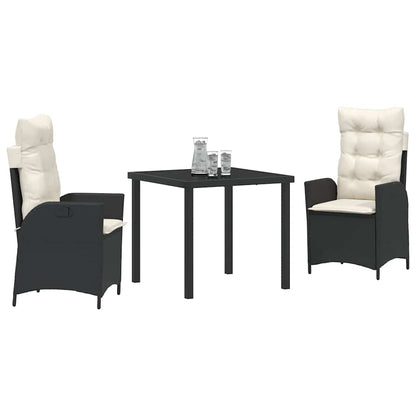 Tuin eettafelset met kussen 3 pcs Zwart poly rattan