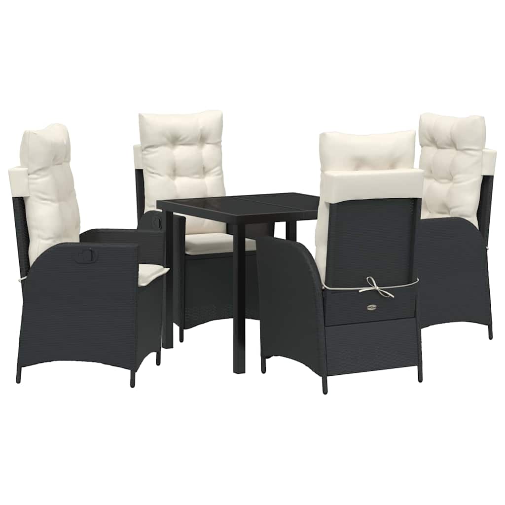 Tuin eettafelset met kussen 5 pcs Zwart poly rattan