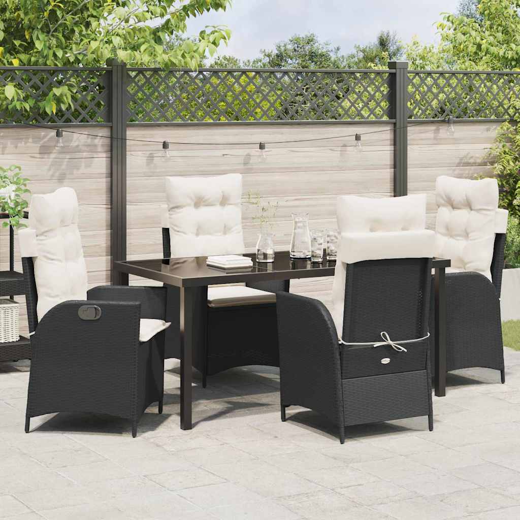Tuin eettafelset met kussen 5 pcs Zwart poly rattan