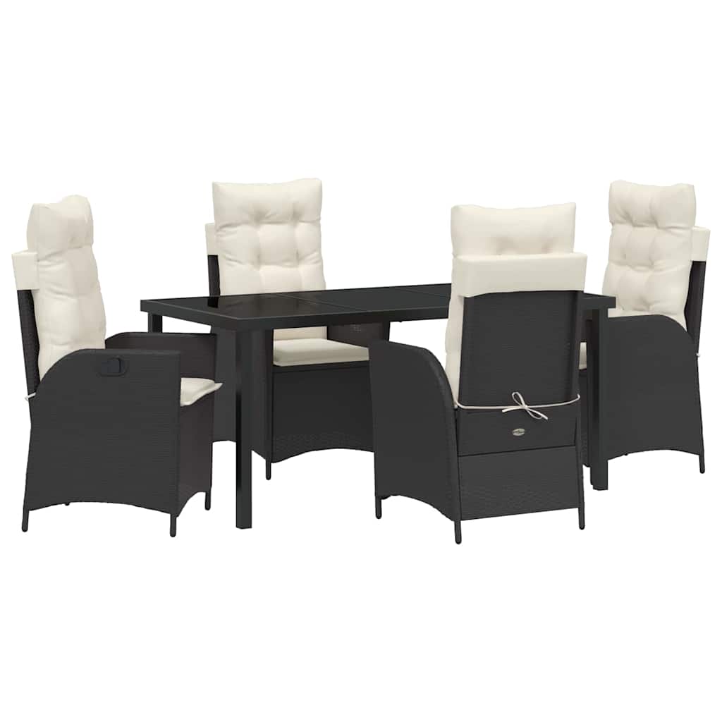 Tuin eettafelset met kussen 5 pcs Zwart poly rattan